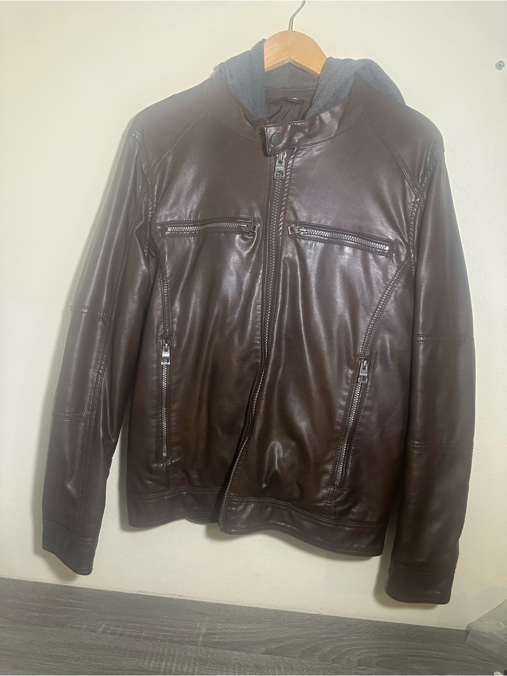 Guess Men's Brown Faux Leather Zip Hoodie Jacket